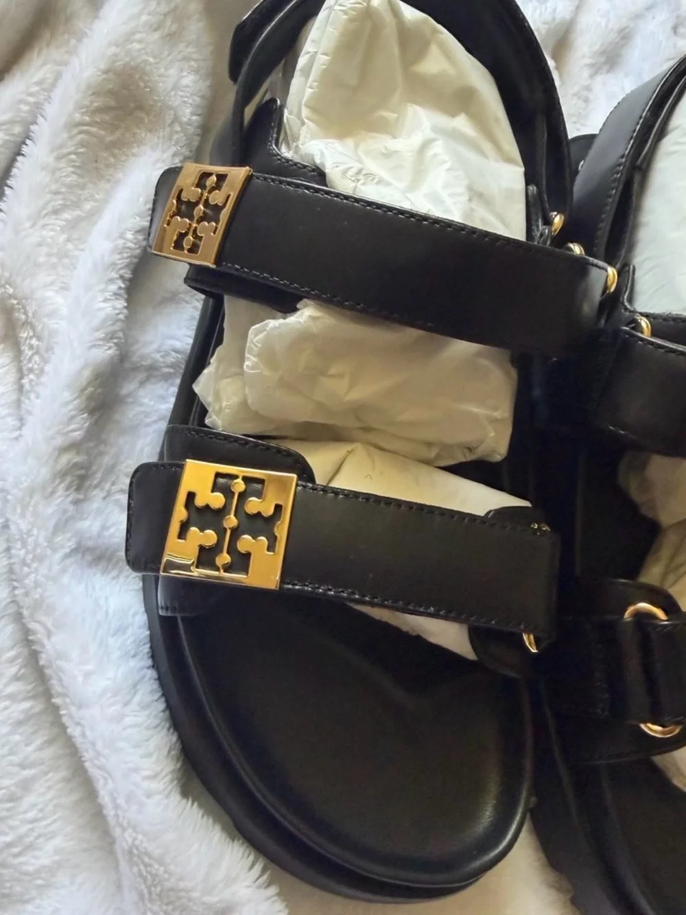 Never worn Tory Burch Black Leather Sandals with Gold Logo Hardware